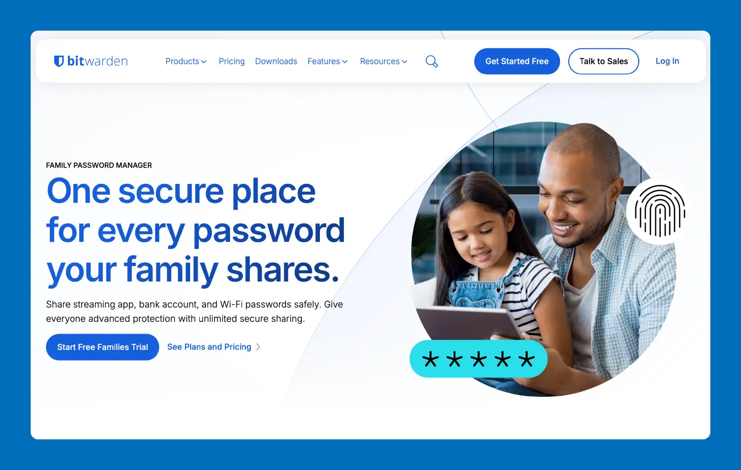 A screenshot of the Bitwarden family password manager website.