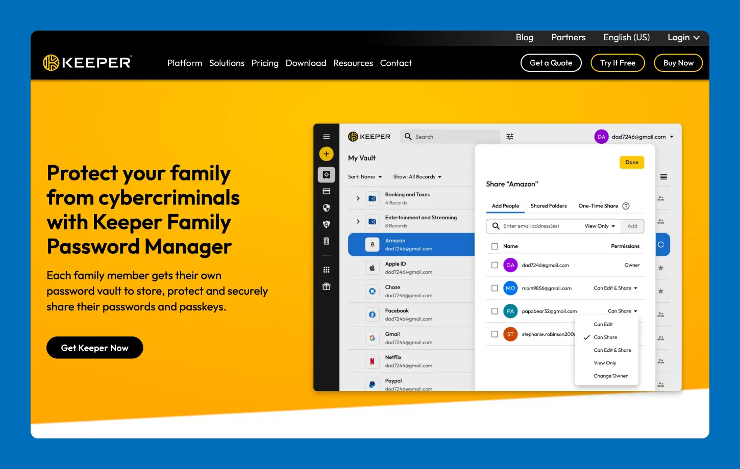 A screenshot of the Keeper family password manager website.