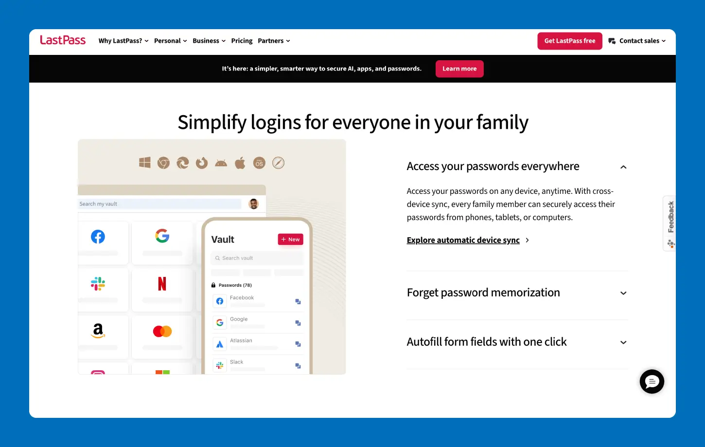 A screenshot of the LastPass family password manager website.