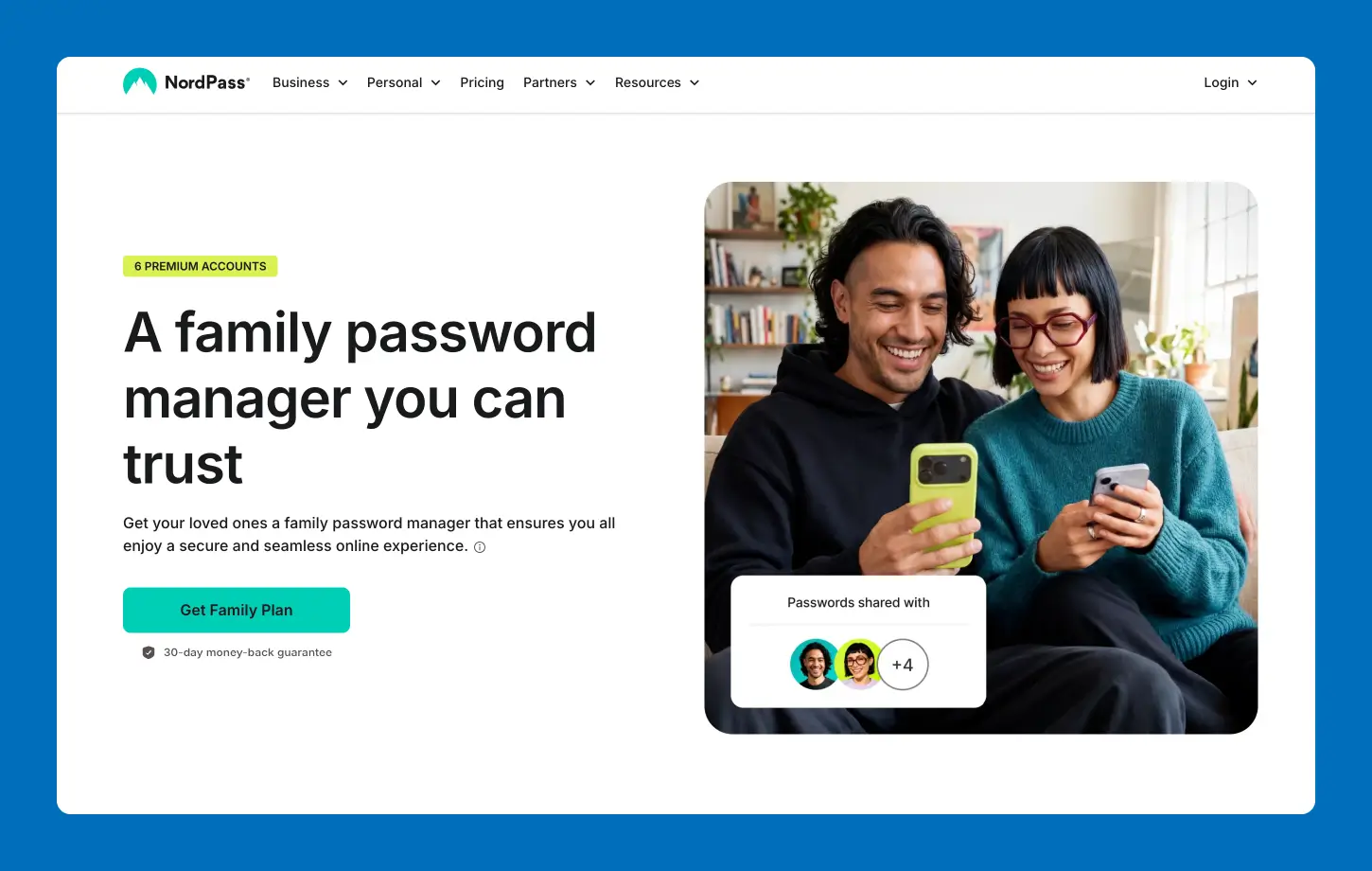 A screenshot of the NordPass family password manager website.