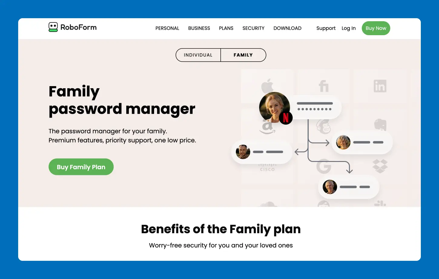 A screenshot of the RoboForm family password manager website.