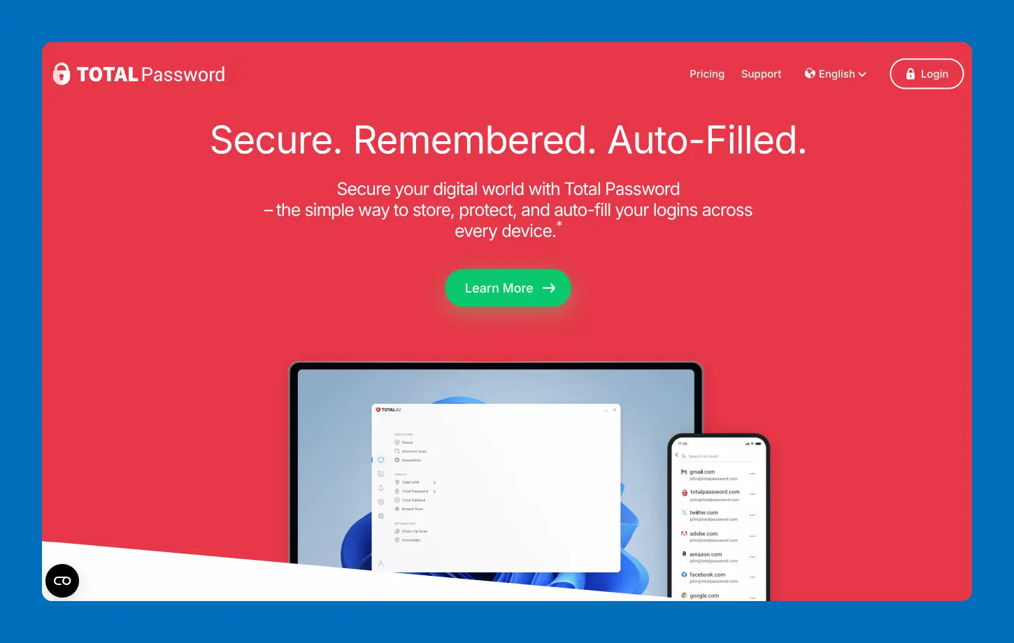 A screenshot of the Total Password family password manager website.