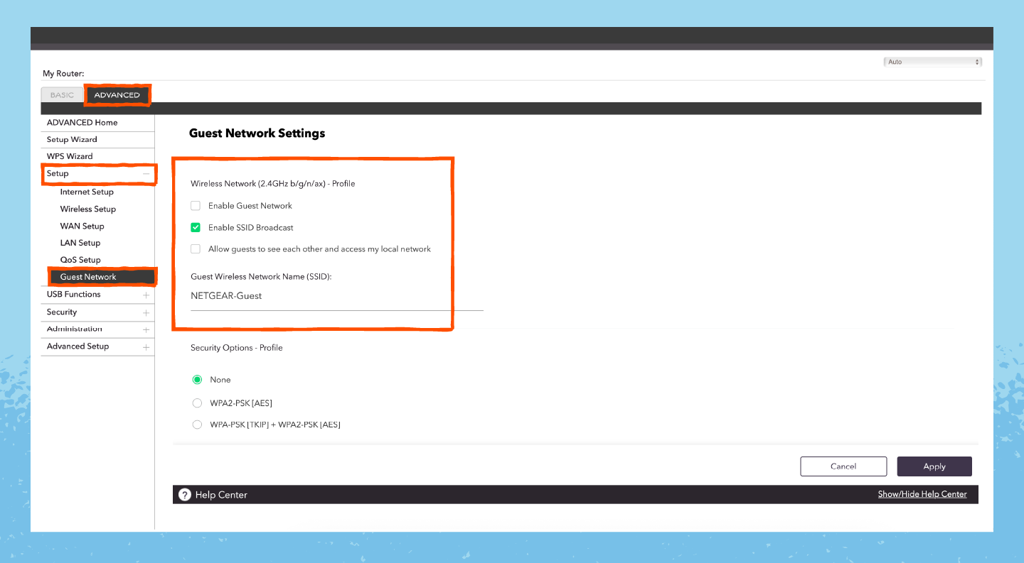 A router’s interface showing users how to enable guest networks on their wireless network.