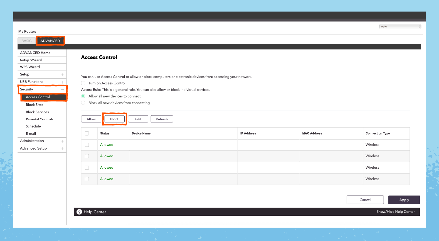 A router’s admin interface showing readers how to block unwanted devices on their home network.