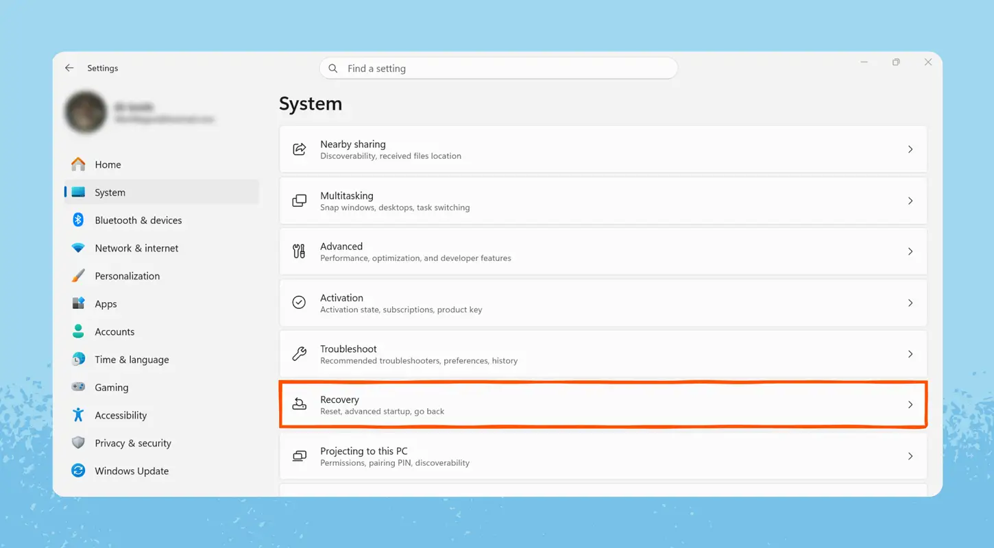 Recovery settings page.