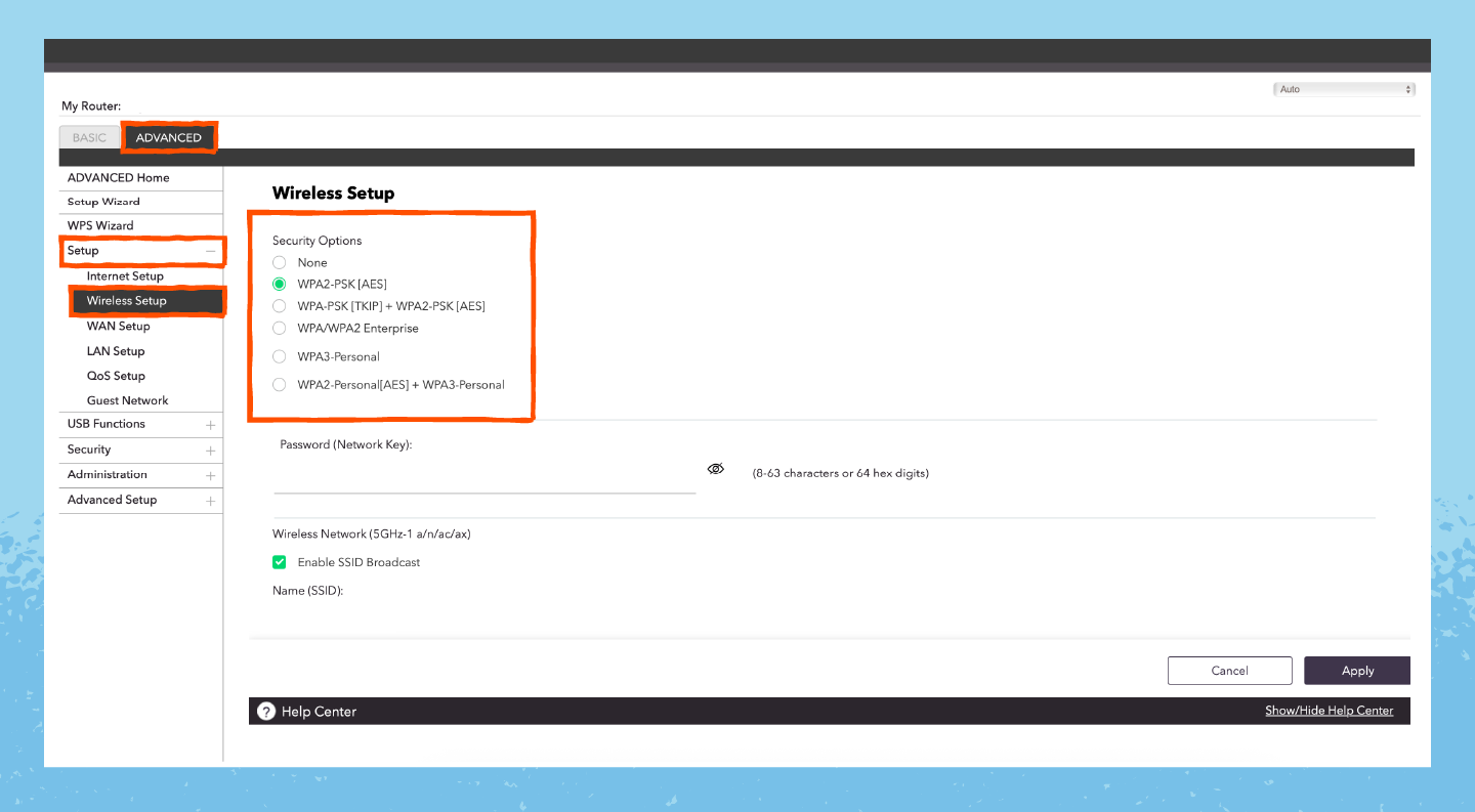 A Wi-Fi router’s interface showing how to enable strong encryption on your home network.