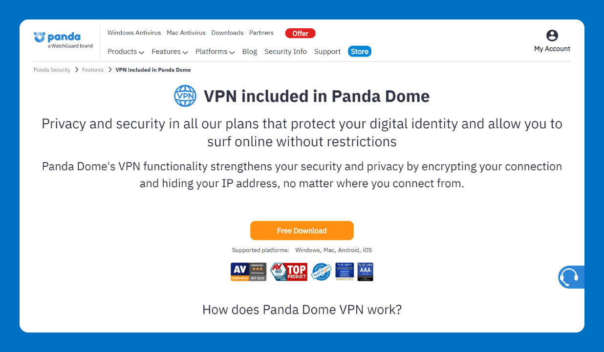 Panda Dome VPN homepage showing secure browsing and privacy features