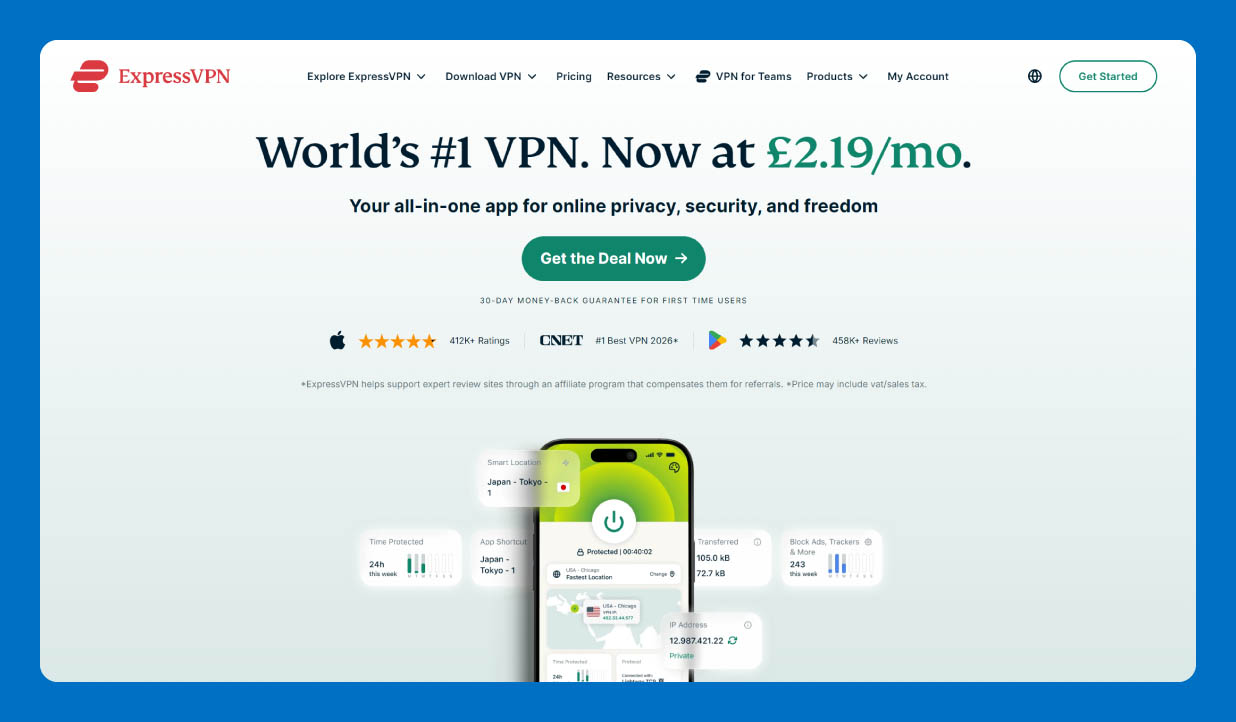 ExpressVPN homepage displaying VPN connection and server selection interface