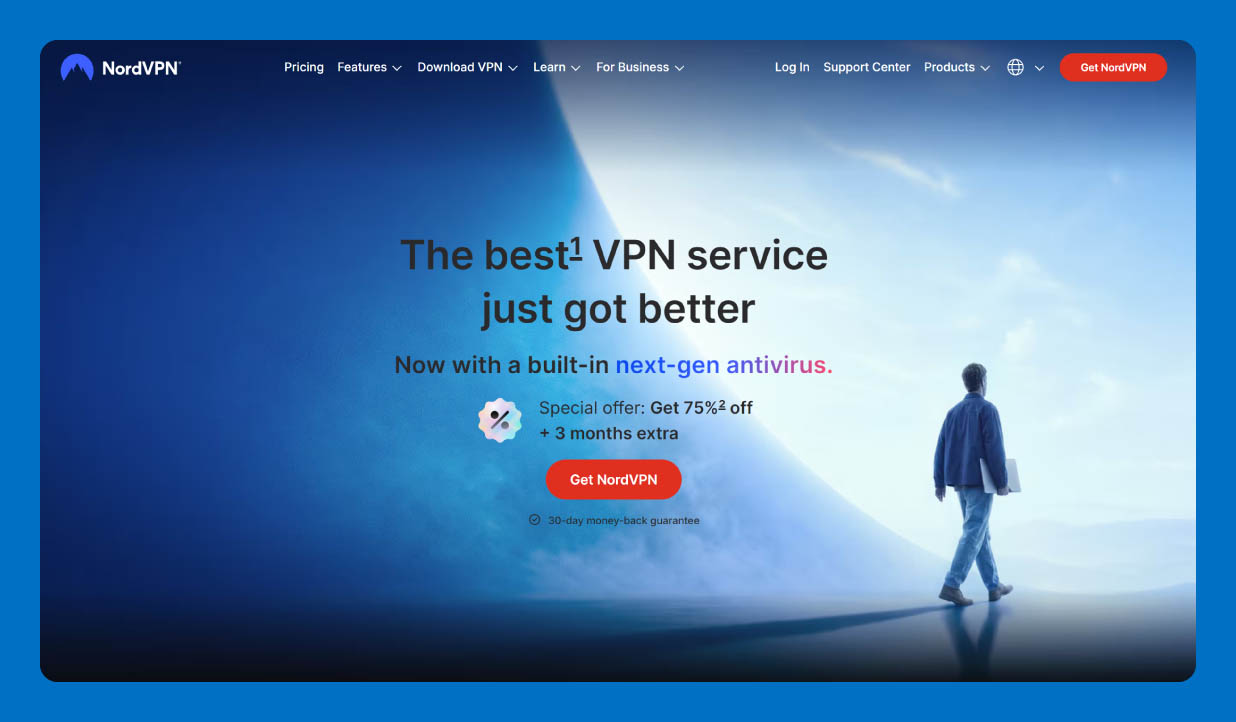 NordVPN homepage highlighting VPN security and privacy protection features