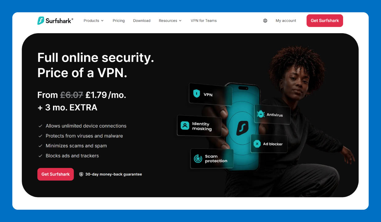 Surfshark homepage showcasing VPN plans and unlimited device coverage