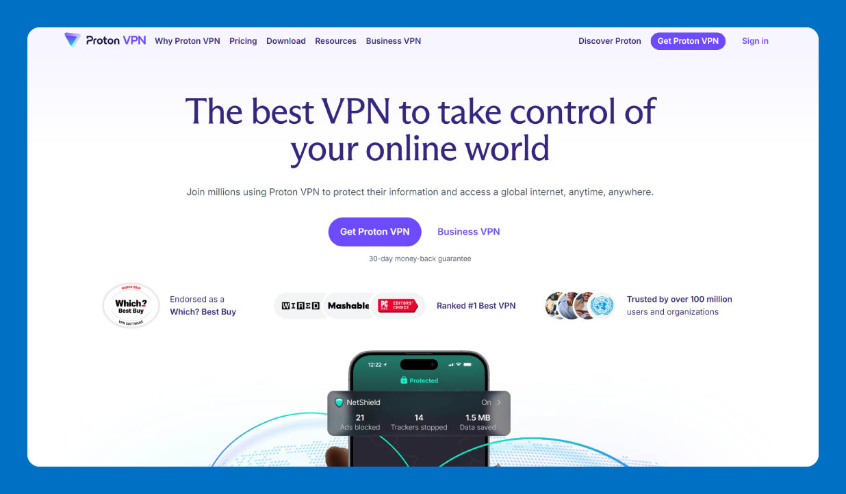 Proton VPN homepage featuring secure, privacy-focused VPN service details
