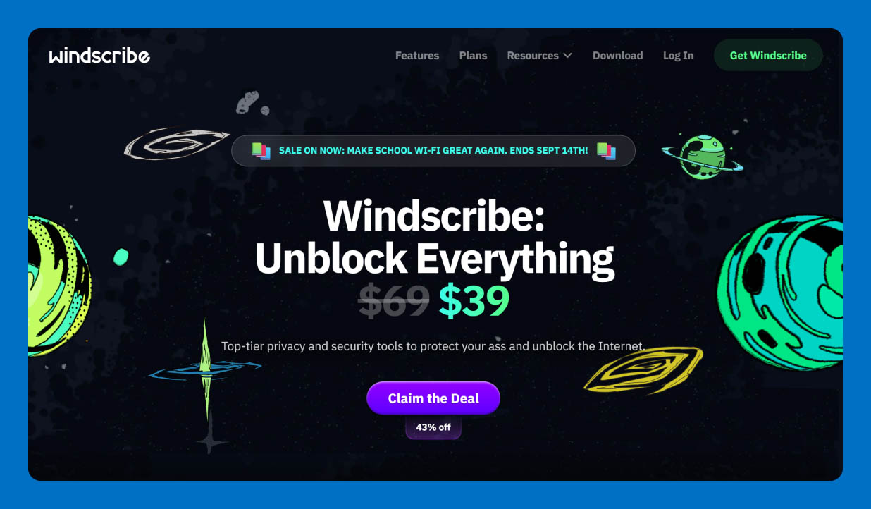 Windscribe homepage displaying VPN and ad-blocking privacy tools