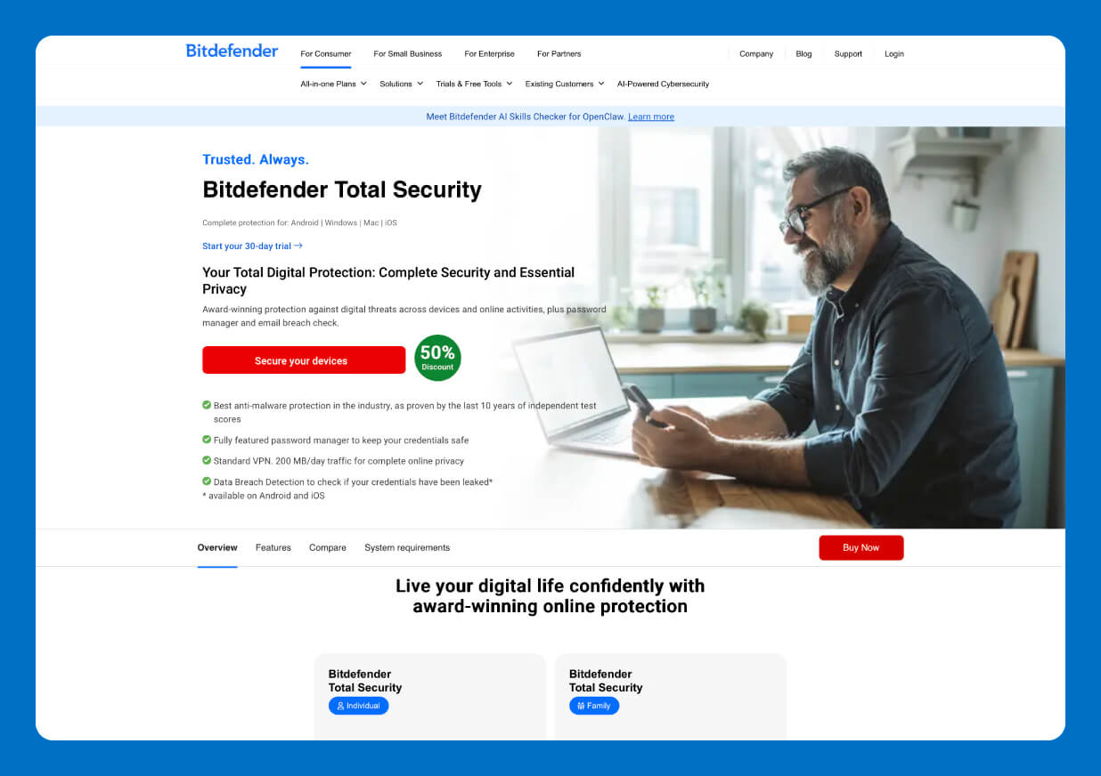 Bitdefender Total Security homepage highlighting multi-device protection features