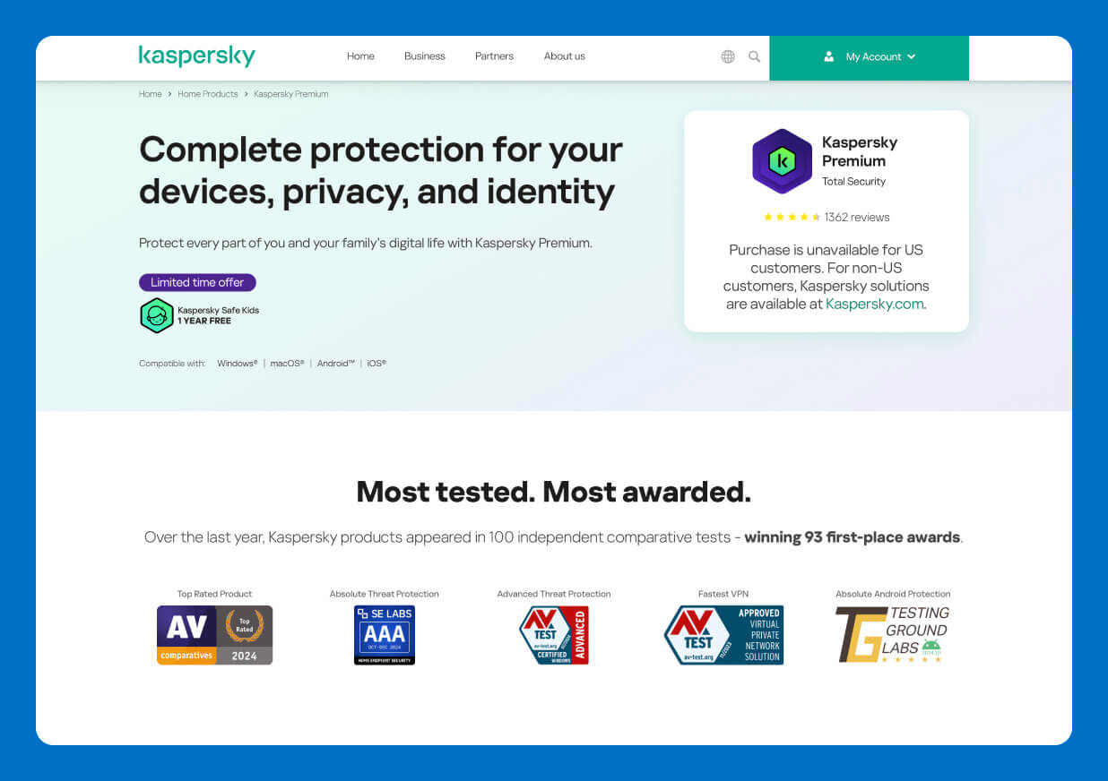 Kaspersky Premium homepage featuring premium antivirus and security tools