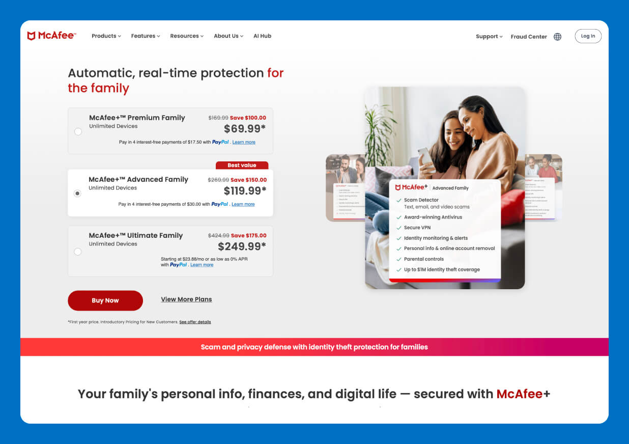McAfee+ Family homepage showcasing identity and family protection plans