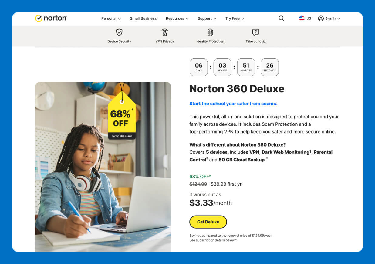 Norton 360 Deluxe homepage displaying antivirus and device security dashboard