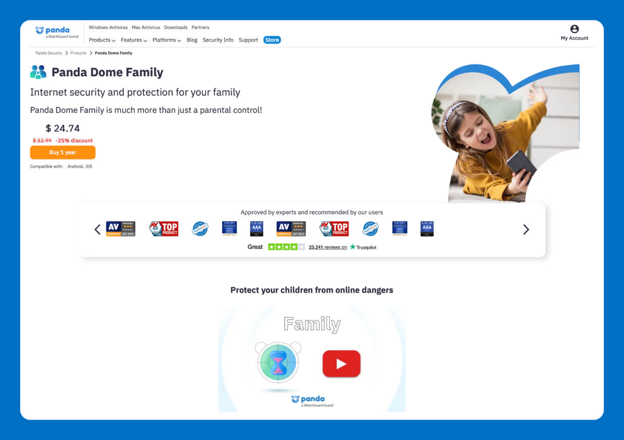 Panda Dome Family homepage showing antivirus and family protection features