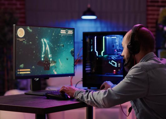 Gamer playing on a monitor with a secure VPN connection icon overlay