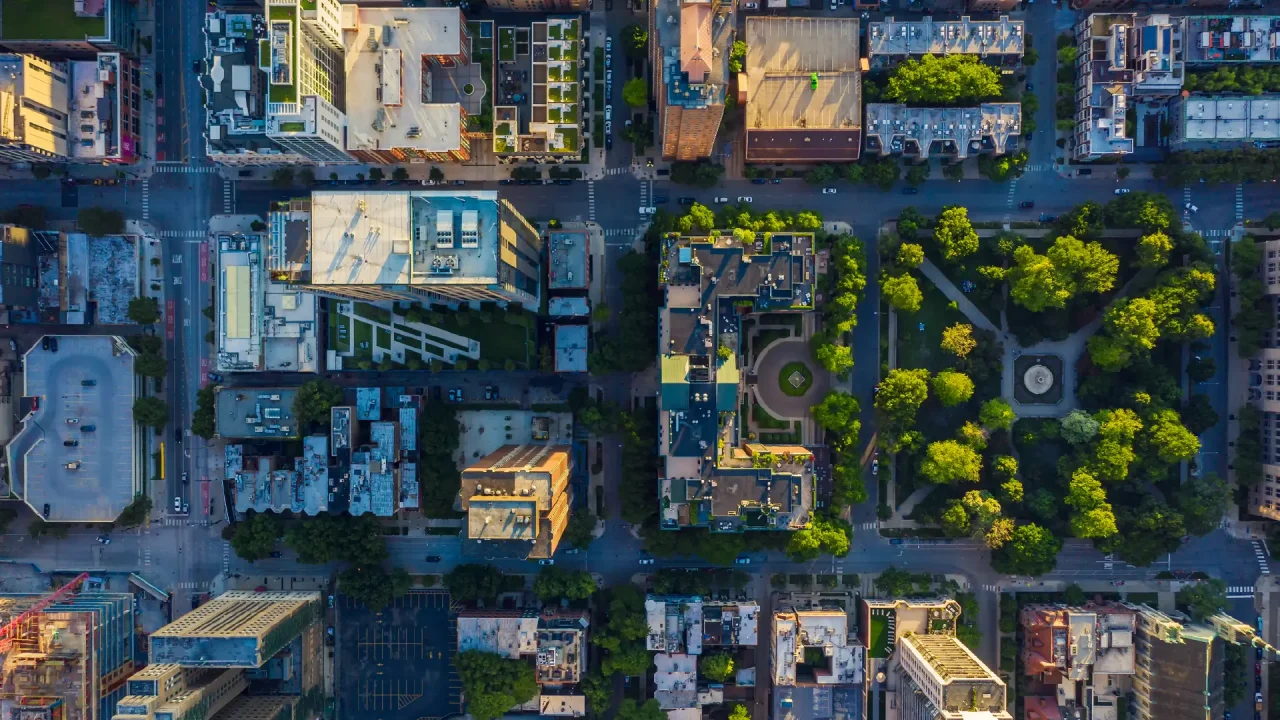 Aerial view of a city.