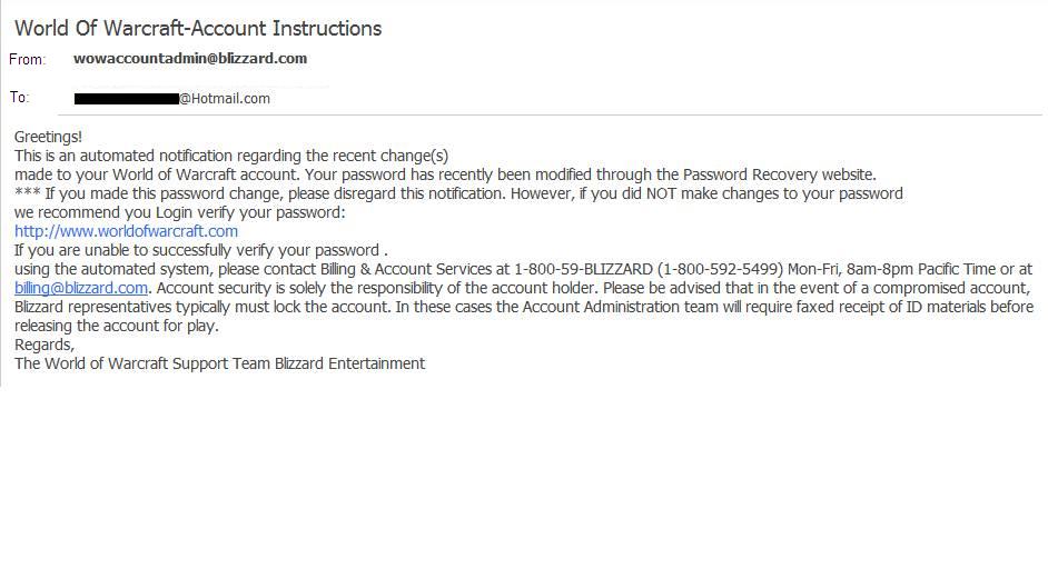 WOWPhishingMail Mensaje de phishing de World of Warcraft