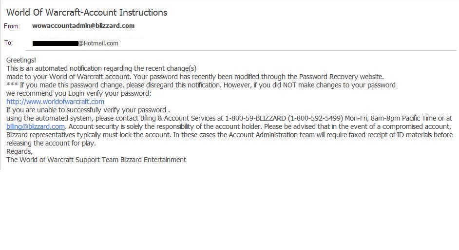 Mensaje de phishing de World of Warcraft