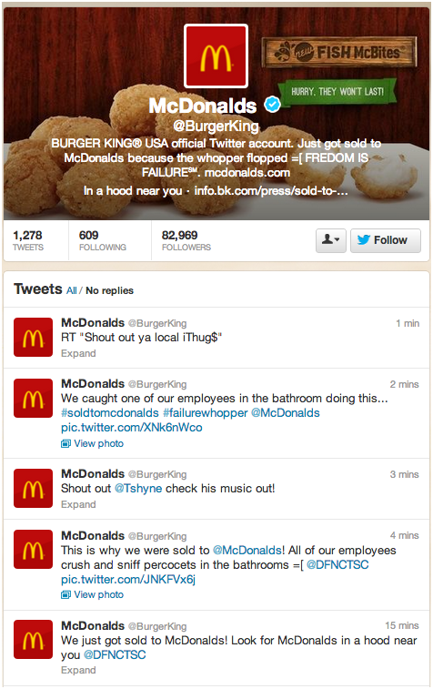 Captura de la cuenta de Twitter de Burger King tras ser hackeada