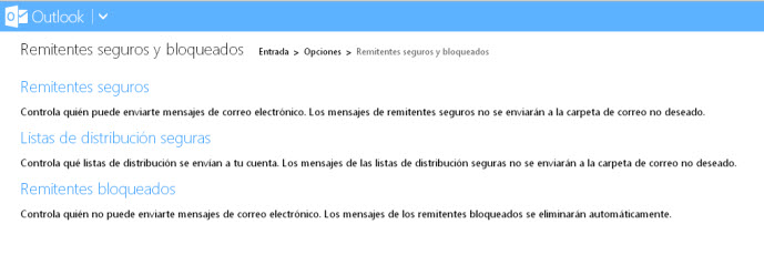 Outlook - Remitentes seguros y bloqueados