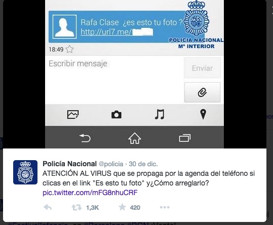 Virus SMS tweet de la Policia