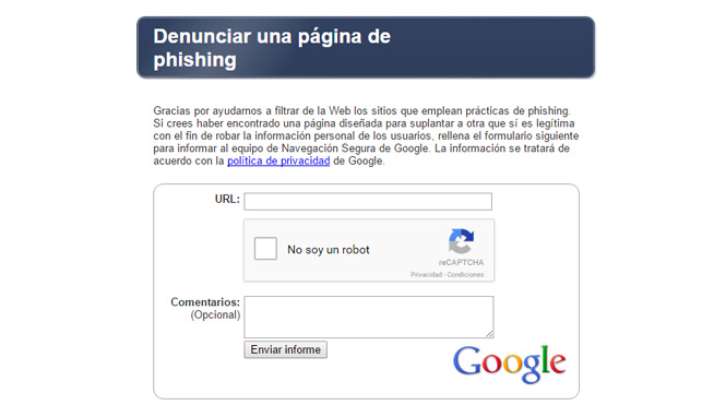 denunciar pagina phishing