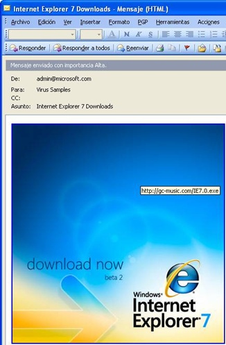 Image of the W32/Grum.A.worm e-mail that infects the computer