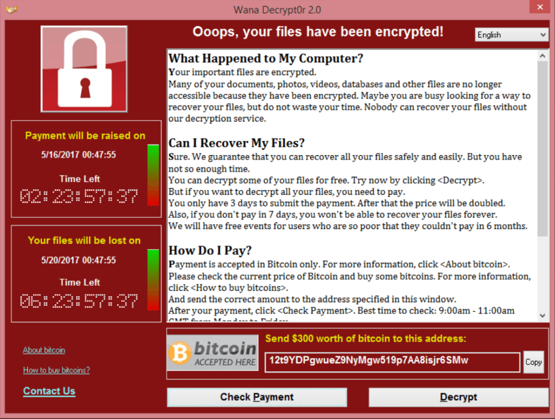 Nell’immagine: messaggio predefinito che veniva mostrato alle vittime del ransomware WannaCry.