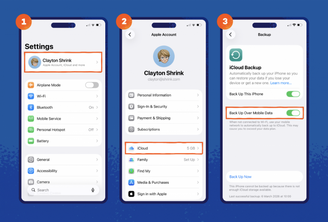 disattiva il backup di iCloud con i dati mobili