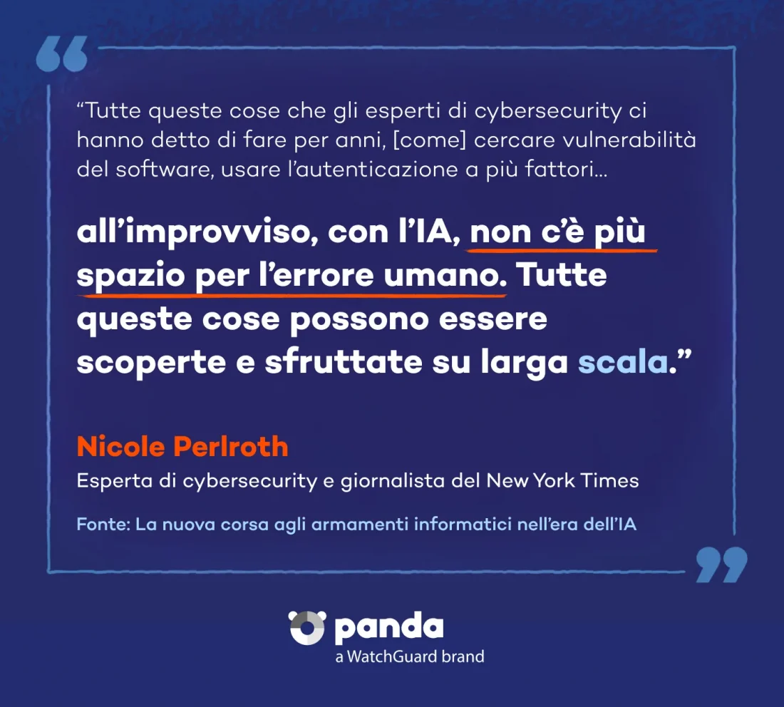 citazione di Nicole Perlroth, nota esperta di cybersecurity, autrice ed ex giornalista del New York Times: "Tutte queste cose che gli esperti di cybersecurity ci dicono di fare da anni, come cercare vulnerabilità nel software o usare l'autenticazione a più fattori, all'improvviso, con l'AI, non lasciano più spazio all'errore umano. Tutte queste cose possono essere scoperte e sfruttate su larga scala."