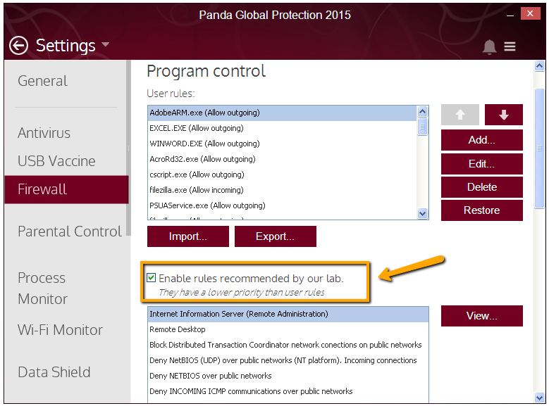 Firewall factory settings