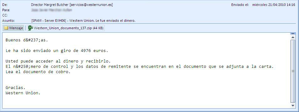 Western Union Ligado Al Cibercrimen Panda Security Mediacenter - como podeis ver es el tipico mensaje enviado como spam que tantas veces hemos visto en diferentes sabores haciendose pasar por cualquier empresa
